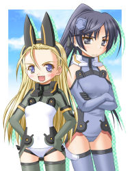 Rule 34 | 00s, 2girls, :d, ahoge, animal ears, annoyed, bad id, bad pixiv id, bare shoulders, black eyes, black hair, blonde hair, blue eyes, blue gloves, blue thighhighs, blush, breasts, cameltoe, cloud, covered navel, cowboy shot, crossed arms, day, elbow gloves, elise von dietrich, fake animal ears, fang, flat chest, gloves, green legwear, hairband, hands on own hips, headgear, high ponytail, ichijou eika, leotard, long hair, looking at viewer, multiple girls, open mouth, outdoors, parted bangs, pilot suit, ponytail, shadow, shiumai, sky, sky girls, small breasts, smile, thighhighs, turtleneck, very long hair, wavy mouth