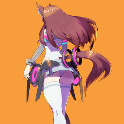Rule 34 | 1girl, ass, brown hair, commentary request, feet out of frame, from behind, grey skirt, highres, long hair, long sleeves, mihono bourbon (umamusume), orange background, panties, pantyshot, simple background, skirt, solo, standing, tenkey2022, thighhighs, thighs, umamusume, underwear, very long hair, white thighhighs