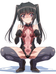 Rule 34 | 1girl, black hair, black thighhighs, blunt bangs, blush, bow legged, covered erect nipples, covered navel, elbow gloves, gloves, high heels, highres, impossible clothes, impossible leotard, leotard, long hair, looking at viewer, pink eyes, pink leotard, senki zesshou symphogear, shiny clothes, shiny skin, simple background, skin tight, solo, spread legs, squatting, syunzou, thighhighs, tsukuyomi shirabe, twintails, white background