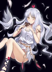 Rule 34 | armlet, black background, bottomless, caren hortensia, caren hortensia (amor caren), caren hortensia (amor caren) (first ascension), chocolate, dress, fate/grand order, fate (series), heart, highres, jewelry, necklace, no panties, parted bangs, sandals, simple background, smile, solo, uha, white dress, white hair, yellow eyes