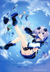 Rule 34 | 1girl, absurdres, adult neptune, black footwear, blush, book, boots, breasts, butterfly net, candy, cassette tape, cloud, coin purse, collar, collarbone, d-pad, d-pad hair ornament, day, falling, food, game cartridge, game console, hair between eyes, hair ornament, hairband, hand net, handheld game console, hat, highres, holster, hood, jacket, leg lift, long hair, looking at viewer, magnifying glass, medium breasts, neptune (series), official art, open book, outstretched arms, pudding, purple eyes, purple hair, shin jigen game neptune vii, sky, smile, solo, thigh holster, toothbrush, track jacket, triangle, tsunako, wrapped candy