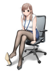 Rule 34 | 1girl, arm support, black footwear, black pantyhose, blonde hair, blue skirt, blush, brown eyes, chair, closed mouth, collarbone, crossed legs, doushimasho, high heels, highres, lanyard, long hair, looking at viewer, mole, mole under eye, office chair, office lady, original, pantyhose, pencil skirt, shirt, short sleeves, sitting, skirt, solo, swivel chair, watch, white background, white shirt