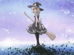 Rule 34 | 1girl, apron, black pantyhose, blonde hair, bow, braid, broom, dress, female focus, from behind, hair bow, hat, hat bow, kirisame marisa, long hair, looking back, pantyhose, petals, risutaru, short sleeves, side braid, sky, solo, star (sky), starry sky, torn clothes, touhou, waist apron, witch hat, yellow eyes
