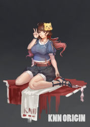 1girl, absurdres, bangs, belt, black footwear, black shorts, blue shirt, breasts, brown belt, brown eyes, brown hair, character mask, character name, closed mouth, commentary, cookie (touhou), creatures (company), eyebrows visible through hair, fox mask, full body, game freak, gen 1 pokemon, gohei, grey background, hair ribbon, high heels, highres, kanna (cookie), large breasts, long hair, looking at viewer, mask, mask on head, midriff peek, navel, nintendo, pikachu, pokemon, red ribbon, ribbon, shirt, shorts, sitting, smile, solo, standing, tomovan, v, wariza, watch, wristwatch