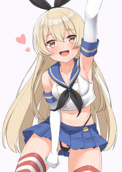 Rule 34 | 1girl, :d, arm up, armpits, bare shoulders, black neckerchief, black panties, black ribbon, blue sailor collar, blue skirt, blush, breasts, brown eyes, cameltoe, cleavage, collarbone, commentary request, crop top, elbow gloves, gloves, hair between eyes, hair ribbon, heart, hekomii, highleg, highleg panties, highres, kantai collection, leaning to the side, light brown hair, long hair, midriff, navel, neckerchief, open mouth, panties, pleated skirt, ribbon, sailor collar, shimakaze (kancolle), shirt, simple background, skirt, sleeveless, sleeveless shirt, small breasts, smile, solo, striped clothes, striped thighhighs, teeth, thighhighs, underwear, upper teeth only, very long hair, white background, white gloves, white shirt