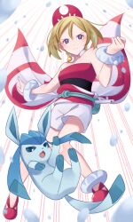 Rule 34 | 1girl, anklet, blonde hair, blue eyes, blurry, bracelet, clenched hand, closed mouth, collarbone, commentary request, creatures (company), eyelashes, falling, flute, from below, game freak, gen 4 pokemon, glaceon, green bag, hairband, highres, instrument, irida (pokemon), jewelry, knees, looking down, mocacoffee 1001, nintendo, pokemon, pokemon (creature), pokemon legends: arceus, red footwear, red shirt, sash, shirt, shoes, shorts, strapless, strapless shirt, waist cape, white background, white shorts