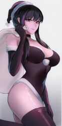Rule 34 | 1girl, absurdres, bare shoulders, black choker, black gloves, black hair, black thighhighs, breasts, choker, closed mouth, commentary, elbow gloves, english commentary, gloves, grey background, hat, highres, holding, holding sack, large breasts, medium hair, red eyes, sack, santa costume, santa hat, sidelocks, simple background, smile, solo, spy x family, thighhighs, thighs, tommy (kingdukeee), yor briar