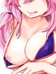 Rule 34 | 1girl, artist request, bikini, bikini top lift, blue bikini, breast focus, breasts, close-up, clothes lift, covered erect nipples, fate/grand order, fate (series), hair between eyes, head out of frame, large breasts, licking lips, lifted by self, lips, long hair, low twintails, nipples, pink hair, solo, swimsuit, tamamo (fate), tamamo no mae (fate/extra), tamamo no mae (swimsuit lancer) (fate), tongue, tongue out, twintails