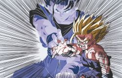 Rule 34 | 2boys, blonde hair, blood, blood on arm, blood on shoulder, bruise, dragon ball, dragonball z, father-son kamehameha, father and son, highres, injury, kamehameha (dragon ball), multiple boys, muscular, muscular arms, muscular child, muscular male, open mouth, scan, screaming, son gohan, son goku, source request, spiked hair, super saiyan, super saiyan 2, tagme, torn clothes, wristband