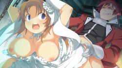 Rule 34 | 1boy, 1girl, armpits, arms up, bent over, blue eyes, blush, bouncing breasts, breasts, breasts out, bride, brown hair, chain, clothed sex, dress, evenicle, game cg, hetero, jacket, large breasts, long hair, looking back, nipples, open mouth, rape, sex, slave, vaginal, wedding dress, yaegashi nan