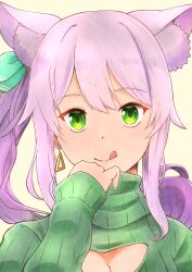 Rule 34 | 1girl, :q, absurdres, animal ear fluff, animal ears, bow, breasts, cat ears, cleavage, cleavage cutout, clothing cutout, earrings, extra ears, green bow, green eyes, green sweater, grey hair, hair bow, hand up, highres, hizuki miu, jewelry, kanata (mugi a), long hair, medium breasts, side ponytail, sidelocks, simple background, solo, sweater, tongue, tongue out, triangle earrings, turtleneck, turtleneck sweater, virtual youtuber, wactor production, white background