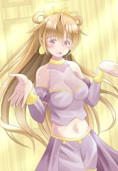 Rule 34 | 1girl, absurdres, artist name, artist request, blush, bracelet, breasts, brown hair, butterfly (love live!), choker, cleavage, clothing cutout, collarbone, cropped shirt, crown, detached sleeves, double bun, dress, dress shirt, earrings, female focus, floating hair, gold bracelet, hair between eyes, hair bun, hair rings, harem outfit, highres, indoors, jewelry, konoe kanata, long hair, looking at viewer, love live!, love live! nijigasaki high school idol club, love live! school idol festival, medium breasts, navel, outstretched arms, parted lips, puffy short sleeves, puffy sleeves, purple eyes, purple shirt, purple shorts, shirt, short sleeves, shorts, shoulder cutout, smile, solo, two side up, yellow bracelet, yellow choker
