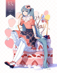 Rule 34 | 1girl, :q, arm support, black bow, black skirt, blue eyes, blue hair, bow, brown shirt, brown sleeves, cake, character name, chinese commentary, closed mouth, commentary, detached sleeves, fen renlei, food, food on face, food on hand, frilled skirt, frills, fruit, full body, hair bow, happy birthday, hatsune miku, heart, highres, long hair, pantyhose, plaid, plaid skirt, puffy short sleeves, puffy sleeves, red footwear, shadow, shirt, shoes, short sleeves, signature, single wrist cuff, sitting, skirt, sleeveless, sleeveless shirt, smile, solo, strawberry, tongue, tongue out, twintails, very long hair, vocaloid, white background, white pantyhose, wrist cuffs