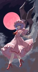 Rule 34 | absurdres, ascot, bat wings, blue hair, bow, brooch, cloud, dress, floating, frilled shirt, frilled shirt collar, frilled sleeves, frills, gold trim, hat, hat ribbon, high heels, highres, jewelry, mob cap, moon, night, pink dress, puffy short sleeves, puffy sleeves, red bow, red eyes, red footwear, red moon, red ribbon, remilia scarlet, ribbon, ribbon trim, sash, shirt, short hair, short sleeves, slit pupils, smile, solo, touhou, wings, zakozako y