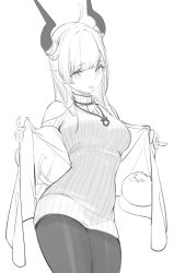 Rule 34 | 1girl, :p, absurdres, ahoge, breasts, contrapposto, dress, greyscale, hair on horn, highres, horns, jacket, jewelry, large breasts, long hair, monochrome, necklace, nekojira, open clothes, open jacket, original, pantyhose, simple background, smile, solo, standing, sweater, sweater dress, thea (nekojira), tongue, tongue out, white background