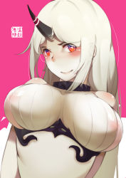 Rule 34 | 10s, 1girl, absurdres, abyssal ship, areola slip, blush, breasts, cleavage, detached sleeves, dress, gan ma, heart, heart-shaped pupils, highres, horns, kantai collection, large breasts, light smile, long hair, looking at viewer, no bra, pink background, red eyes, ribbed dress, seaport princess, see-through, sideboob, simple background, single horn, solo, symbol-shaped pupils, taut clothes, upper body, white background, white hair
