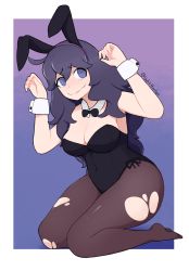 Rule 34 | 1girl, @ @, animal ears, armpits, arms up, black bow, black bowtie, black leotard, blush, border, bow, bowtie, breasts, brown pantyhose, closed mouth, commentary, creatures (company), detached collar, english commentary, fake animal ears, game freak, gradient background, hex maniac (pokemon), highres, large breasts, leotard, long hair, looking to the side, nintendo, no shoes, pantyhose, paw pose, playboy bunny, pokemon, pokemon xy, purple background, purple eyes, purple hair, shadow, sitting, sleeve cuffs, softhanten, solo, thighs, torn clothes, torn pantyhose, twitter username, wariza, white border