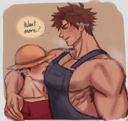 Rule 34 | 2boys, alex (stardew valley), bara, brown hair, drooling, english text, farmer, hat, highres, large pectorals, looking at another, male focus, mitsu qo, multiple boys, muscular, muscular male, nipples, open mouth, overalls, pectorals, red shirt, saliva, shirt, short hair, stardew valley, straw hat, twitter username, upper body, yaoi
