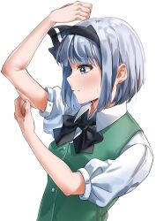 Rule 34 | 1girl, arm up, black bow, black bowtie, black ribbon, blue eyes, blush, bow, bowtie, closed mouth, commentary request, green vest, hair ribbon, highres, konpaku youmu, pinching, ramiki, ribbon, shirt, short hair, short sleeves, simple background, solo, sweatdrop, touhou, upper body, vest, white background, white hair, white shirt