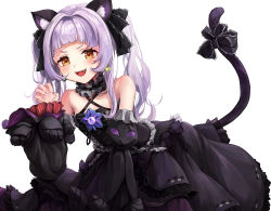 Rule 34 | 1girl, :d, all fours, animal ears, arm support, bare shoulders, black dress, black sleeves, blunt bangs, blush, bow, brooch, cat ears, cat girl, cat tail, center frills, choker, claw pose, criss-cross halter, detached sleeves, dress, dress bow, fang, fingernails, flat chest, frilled choker, frilled dress, frilled ribbon, frills, gothic lolita, hair ribbon, halter dress, halterneck, highres, hololive, jewelry, juliet sleeves, layered dress, lolita fashion, long hair, long sleeves, looking at viewer, murasaki shion, murasaki shion (gothic lolita), open mouth, puffy sleeves, ribbon, sharp fingernails, short eyebrows, sidelocks, silver hair, simple background, sleeveless, sleeveless dress, smile, solo, star (symbol), tail, tail bow, tail ornament, takuo, twintails, v-shaped eyebrows, virtual youtuber, white background, wide sleeves, yellow eyes