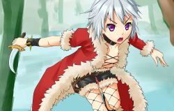 Rule 34 | &gt;:o, 1girl, :o, bent over, breasts, cleavage, collar, fishnet pantyhose, fishnets, highres, holding, knife, kurohachiboku, looking at viewer, open mouth, pantyhose, purple eyes, ragnarok online, rogue (ragnarok online), short hair, silver hair, small breasts, solo, v-shaped eyebrows