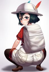 Rule 34 | 1girl, absurdres, ass, backpack, bag, black hair, blue eyes, blush, embarrassed, from behind, hat, highres, kaban (kemono friends), kemono friends, looking at viewer, looking back, neukkom, pantyhose, pantyhose under shorts, short hair, shorts, solo, squatting, wavy mouth