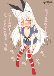 Rule 34 | 10s, 1girl, animal ear fluff, animal ears, bent over, blonde hair, blush, breasts, cleavage, collarbone, cosplay, crop top, elbow gloves, eyebrows, female focus, fox ears, fox tail, gloves, hair ribbon, kantai collection, kohaku (yua), large breasts, long hair, looking at viewer, miniskirt, neckerchief, open mouth, pleated skirt, ribbon, school uniform, serafuku, shimakaze (kancolle), shimakaze (kancolle) (cosplay), shirt, skirt, sleeveless, sleeveless shirt, solo, striped clothes, striped thighhighs, sweat, tail, thick eyebrows, thighhighs, translation request, trembling, very long hair, white gloves, yellow eyes, yua (checkmate), zettai ryouiki