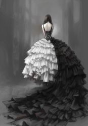 Rule 34 | 1girl, back, black dress, black hair, corset, dress, frilled dress, frills, from behind, full body, highres, long dress, long hair, multicolored clothes, multicolored dress, nyanpe, original, sleeveless, sleeveless dress, solo, standing, white dress