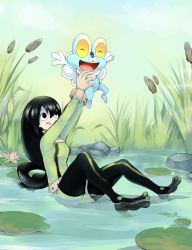 Rule 34 | 10s, 1girl, animal, asui tsuyu, black eyes, black hair, black legwear, bodysuit, boku no hero academia, cattail, creatures (company), crossover, froakie, frog, game freak, gen 6 pokemon, hair rings, highres, highvoltage, holding, holding animal, in water, lily pad, long hair, nintendo, open mouth, outdoors, plant, pokemon, pokemon (creature), pond, split-toe footwear, tongue, tongue out, trait connection