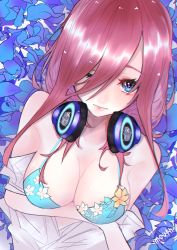 1girl absurdres bad_id bad_pixiv_id bare_shoulders blue_eyes blue_flower blush breasts brown_hair closed_mouth collarbone commentary_request female_focus flower go-toubun_no_hanayome hair_between_eyes headphones headphones_around_neck highres huge_filesize large_breasts long_hair looking_at_viewer mano_aaa nakano_miku one_eye_closed solo underwear