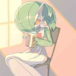 Rule 34 | 1girl, bob cut, collarbone, colored skin, creatures (company), cup, drink, female focus, flat chest, game freak, gardevoir, gen 3 pokemon, green hair, green skin, hair over one eye, half-closed eyes, hands up, happy, holding, holding cup, holding drink, indoors, light rays, looking down, lowres, medium hair, multicolored skin, nintendo, on chair, one eye covered, open mouth, orange background, oyama yoihaya, pokemon, pokemon (creature), red eyes, shiny skin, sitting, smile, solo, steam, two-tone skin, white skin, window