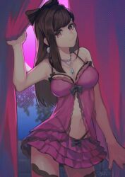 Rule 34 | 1girl, bedroom, black ribbon, breasts, brown hair, commentary request, curtains, dress, frilled dress, frills, jewelry, kashiki yuno, lingerie, long hair, looking at viewer, medium breasts, midriff sarashi, milgram, mole, mole under eye, necklace, official alternate costume, pearl necklace, pink eyes, pink skirt, pink theme, ribbon, sarashi, see-through, see-through dress, single sidelock, skirt, sleepwear, smile, solo, spaghetti strap, swept bangs, thighhighs, tyainu tt5, underwear, underwear only