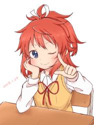 Rule 34 | 1girl, ;), arm support, blue eyes, blush, brown hair, chair, closed mouth, collared shirt, commentary request, dated, desk, hair ribbon, head rest, high ponytail, koshigaya natsumi, long hair, long sleeves, non non biyori, one eye closed, pointing, pointing at viewer, ponytail, ribbon, school chair, school desk, school uniform, shika (s1ka), shirt, sidelocks, sitting, smile, solo, sweater vest, white background, white ribbon, white shirt
