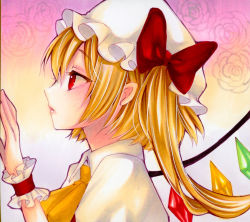 Rule 34 | 1girl, blonde hair, bow, crystal, flandre scarlet, from side, hand up, hat, hat ribbon, highres, mob cap, profile, puffy sleeves, red eyes, ribbon, short hair, short sleeves, side ponytail, solo, touhou, upper body, wings, wrist cuffs, yuuki hana (jtnp5334)