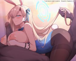 Rule 34 | 1girl, 2boys, animal ears, animated, animated gif, asuna (blue archive), asuna (bunny) (blue archive), blonde hair, blue archive, blue bow, blue bowtie, blue eyes, blue leotard, blue ribbon, blush, bow, bowtie, breasts, brown pantyhose, closed mouth, cum, dark-skinned male, dark skin, detached collar, ejaculation, fake animal ears, gloves, hair ribbon, halo, holding another&#039;s hair, huge breasts, interracial, leotard, leotard pull, long hair, multiple boys, nipples, paizuri, pantyhose, penis, playboy bunny, rabbit ears, rabbit tail, ribbon, sex, sex from behind, tail, thighband pantyhose, uncensored, very long hair, waero, white gloves