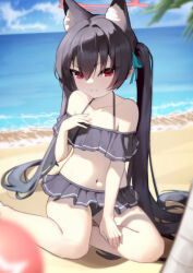 Rule 34 | 1girl, absurdres, animal ear fluff, animal ears, beach, bikini, black bikini, black hair, blue archive, blush, cat ears, closed mouth, collarbone, day, frilled bikini, frills, hair between eyes, halo, highres, liwen520, long hair, looking at viewer, navel, ocean, official alternate costume, outdoors, pink halo, red eyes, serika (blue archive), serika (swimsuit) (blue archive), sitting, solo, swimsuit, twintails