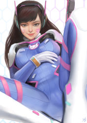 Rule 34 | 1girl, bodysuit, breasts, brown eyes, brown hair, cameltoe, cowboy shot, d.va (overwatch), eyelashes, facial mark, gloves, hand on own chest, headphones, highres, honeycomb (pattern), honeycomb background, light smile, lips, long hair, looking at viewer, md5 mismatch, medium breasts, nose, overwatch, overwatch 1, pilot suit, qoiwrng, realistic, reclining, revision, solo, swept bangs, whisker markings, white background, white gloves