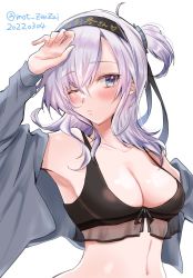 Rule 34 | 1girl, armpits, bikini, black bikini, blue eyes, blush, breasts, closed mouth, clothes writing, dated, hachimaki, hair between eyes, headband, highres, jacket, kantai collection, long hair, medium breasts, mot zenzai, one-hour drawing challenge, one eye closed, one side up, open clothes, open jacket, silver hair, simple background, solo, suzutsuki (kancolle), swimsuit, twitter username, upper body, white background