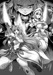 Rule 34 | 3girls, armpits, detached collar, gradient background, grey background, greyscale, hair rings, head wings, highres, holding, holding sword, holding weapon, kumacchi, long hair, microskirt, monochrome, multiple girls, panties, pantyshot, parted bangs, shaded face, skirt, sword, tagme, thighhighs, underwear, v-shaped eyebrows, very long hair, waist cape, weapon, wings