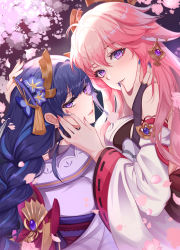 Rule 34 | 2girls, animal ears, blush, braid, bridal gauntlets, cherry blossoms, expressionless, eyelashes, falling petals, fingernails, fox ears, genshin impact, hands on another&#039;s face, headgear, highres, jewelry, lips, long hair, long sleeves, looking at viewer, low-braided long hair, low-tied long hair, mihan77108047, multiple girls, nail polish, necklace, obi, obiage, obijime, petals, pink hair, purple eyes, purple hair, raiden shogun, sash, standing, yae miko