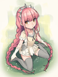 Rule 34 | 1girl, aged down, aono shimo, bad id, bad pixiv id, black thighhighs, braid, brown eyes, crown, fate/grand order, fate (series), gloves, highres, long hair, looking at viewer, medb (fate), pink hair, pleated skirt, sitting, skirt, solo, thighhighs, tiara, twin braids, very long hair, wariza, white gloves, yellow eyes