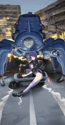 Rule 34 | 1girl, absurdres, akira slide, artist name, ass, black footwear, black jacket, boots, breasts, building, cleavage, closed mouth, copyright name, cyberpunk, driving, ghost in the shell, highres, honda motocompo, jacket, kusanagi motoko, leather, leather jacket, level-00, mecha, medium breasts, minibike, motor vehicle, motorcycle, non-humanoid robot, open clothes, open jacket, purple hair, purple thighhighs, red eyes, road, robot, short hair, tachikoma, thighhighs