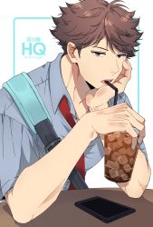 Rule 34 | 1boy, absurdres, brown eyes, brown hair, cellphone, cup, disposable cup, drink, drinking straw, haikyuu!!, head rest, highres, holding, holding cup, ice, kwonrugger, looking at viewer, male focus, oikawa tooru (haikyuu!!), open mouth, phone, shirt, short sleeves, smartphone, solo, table, teeth, upper body, upper teeth only