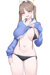 Rule 34 | 1girl, absurdres, animal ears, aoi riko, bikini, black bikini, blue archive, blue hoodie, blush, breasts, clothes lift, collarbone, covered erect nipples, cropped hoodie, fake animal ears, halo, highres, hood, hoodie, hoodie lift, large breasts, light brown hair, looking at viewer, moe (blue archive), moe (swimsuit) (blue archive), navel, official alternate costume, rabbit ears, side-tie bikini bottom, simple background, smile, solo, stomach, swimsuit, thighhighs, twintails, underboob, untied bikini, white background