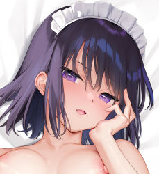 Rule 34 | 1girl, bed sheet, breasts, highres, looking at viewer, lying, maid headdress, medium breasts, mignon, nipples, nude, on back, open mouth, original, purple eyes, purple hair, sarah-san (mignon), short hair, solo, upper body