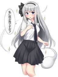 Rule 34 | 1girl, alternate hair length, alternate hairstyle, black bow, black hairband, black necktie, black skirt, blue eyes, blush, bow, bow hairband, breasts, commentary request, dot nose, dress shirt, ghost, hairband, highres, hitodama, konpaku youmu, konpaku youmu (ghost), legs, long hair, long sleeves, looking at viewer, medium breasts, necktie, open mouth, pleated skirt, shirt, simple background, skirt, sleeves rolled up, solo, sparkle, speech bubble, sweatdrop, touhou, translation request, very long hair, white background, white hair, white shirt, white sleeves, youmu-kun