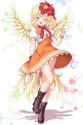 Rule 34 | 1girl, ;d, aka tawashi, bare legs, bird, bird wings, blonde hair, blush, boots, bow, bracelet, breasts, chick, commentary request, dress, feathered wings, feathers, full body, highres, jewelry, looking at viewer, medium breasts, multicolored hair, niwatari kutaka, one eye closed, open mouth, orange dress, puffy short sleeves, puffy sleeves, red bow, red eyes, red hair, red neckwear, red ribbon, ribbon, shadow, short hair, short sleeves, smile, solo, standing, symbol-only commentary, tail, thighs, touhou, two-tone hair, white background, wings, wrist bow