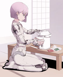 Rule 34 | 1girl, android, commentary request, cup ramen, food, highres, mechanical parts, noodles, original, pink hair, purple eyes, purple hair, ramen, seiza, sitting, sketch, smile, solo, sukabu, table, water