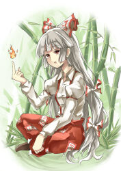 Rule 34 | 1girl, bamboo, bow, breasts, brown footwear, buttons, collared shirt, commentary request, crossed legs, deetamu, fire, from side, fujiwara no mokou, full body, hair bow, hand up, highres, hime cut, long hair, long sleeves, looking up, multiple hair bows, nature, ofuda, ofuda on clothes, on grass, open mouth, pants, pointing, pointing up, puffy long sleeves, puffy sleeves, red eyes, red pants, shirt, shirt tucked in, sitting, sleeve garter, small breasts, solo, suspenders, touhou, very long hair, white hair, white shirt