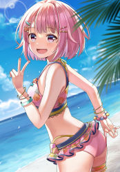 Rule 34 | 1girl, :d, ass, banned artist, bare shoulders, bikini, blue sky, blush, cloud, commentary request, day, frilled bikini, frills, from side, hair ornament, hairclip, hand up, highres, horizon, looking at viewer, looking to the side, ocean, ootori emu, open mouth, outdoors, palm tree, pink bikini, pink eyes, pink hair, project sekai, revision, short hair, sky, smile, solo, swimsuit, tree, v, water, yuuka nonoko